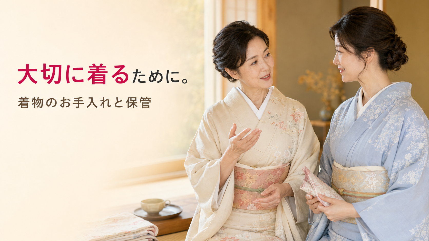 伝統的な着物を着た日本人女性2人が、温かい雰囲気の中で着物のお手入れについて語り合っている様子。世代を超えた知恵の継承を象徴する一枚。大切な一着シリーズ第4弾「着物のお手入れと保管」のアイキャッチ。創業56年・国家資格クリーニング師のファミリークリーニング(北九州市小倉南区)が、着物を脱いだ後のケア、家庭洗濯、保管方法、プロの裏技まで完全ガイド。