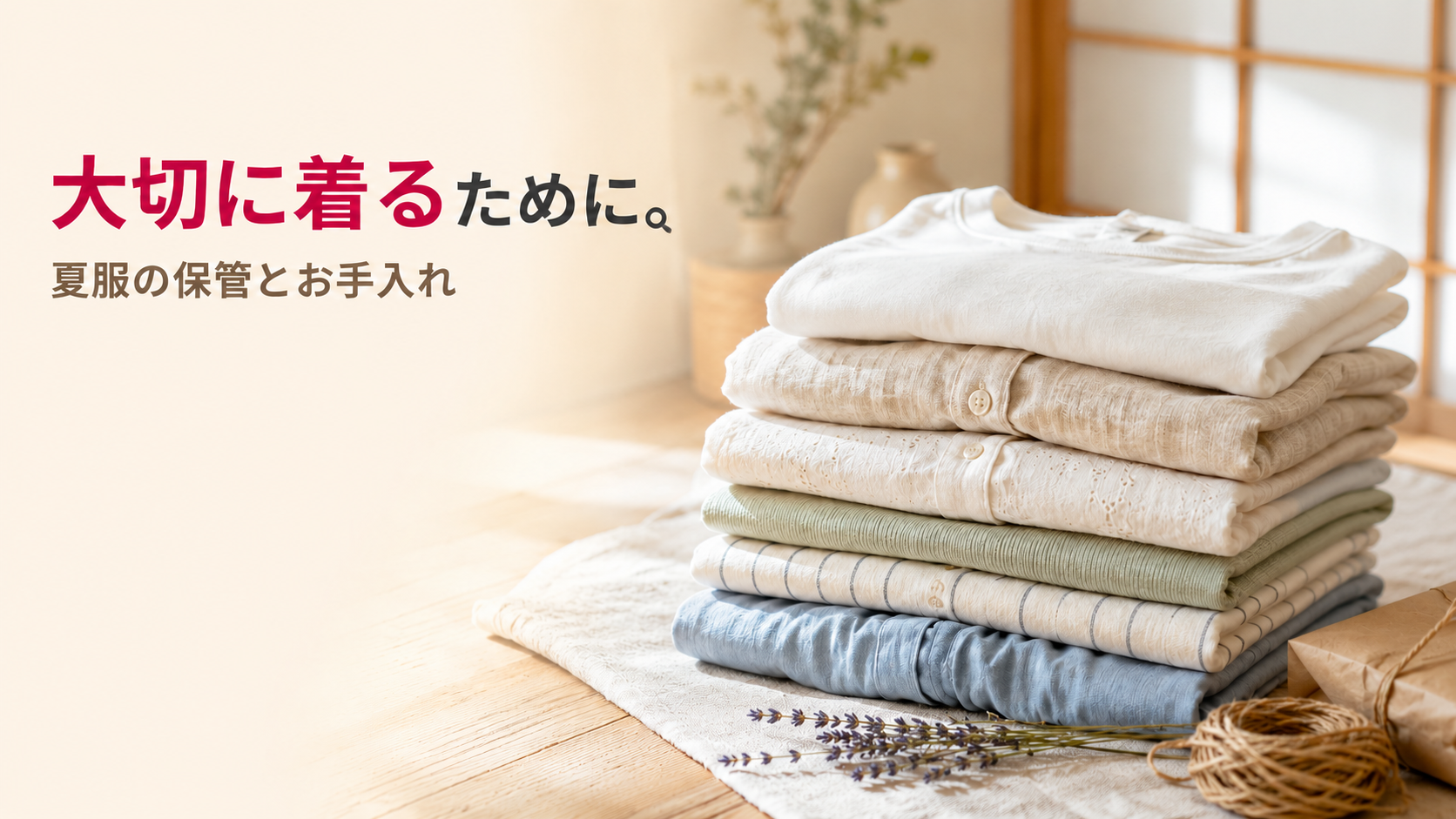 丁寧に畳まれた白いTシャツ・リネンシャツ・夏のブラウスが木製の籠や自然な台の上に整然と並べられている。夏の終わりの衣替え準備の様子。北九州市小倉南区のファミリークリーニング(創業56年・国家資格クリーニング師)が、しまい洗い・素材別お手入れ・保管3ステップを解説する「夏服の保管とお手入れ完全ガイド」のアイキャッチ。