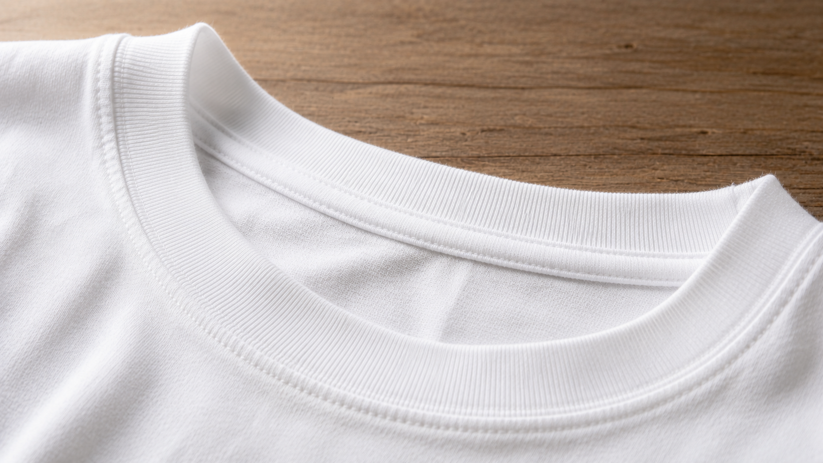 プロのクリーニングで首元の黄ばみが目立たない仕上がりまで整った白いTシャツのクローズアップ。北九州唯一の「静止立体乾燥」+専用しみ抜き+ハンド仕上げによる仕上がり例。北九州市小倉南区のファミリークリーニング「夏服しまい洗い」事例(SUMMER2025)のAFTER。