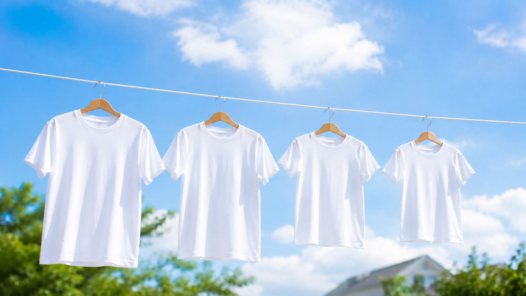 青空の下で気持ちよく干された清潔な白いTシャツ