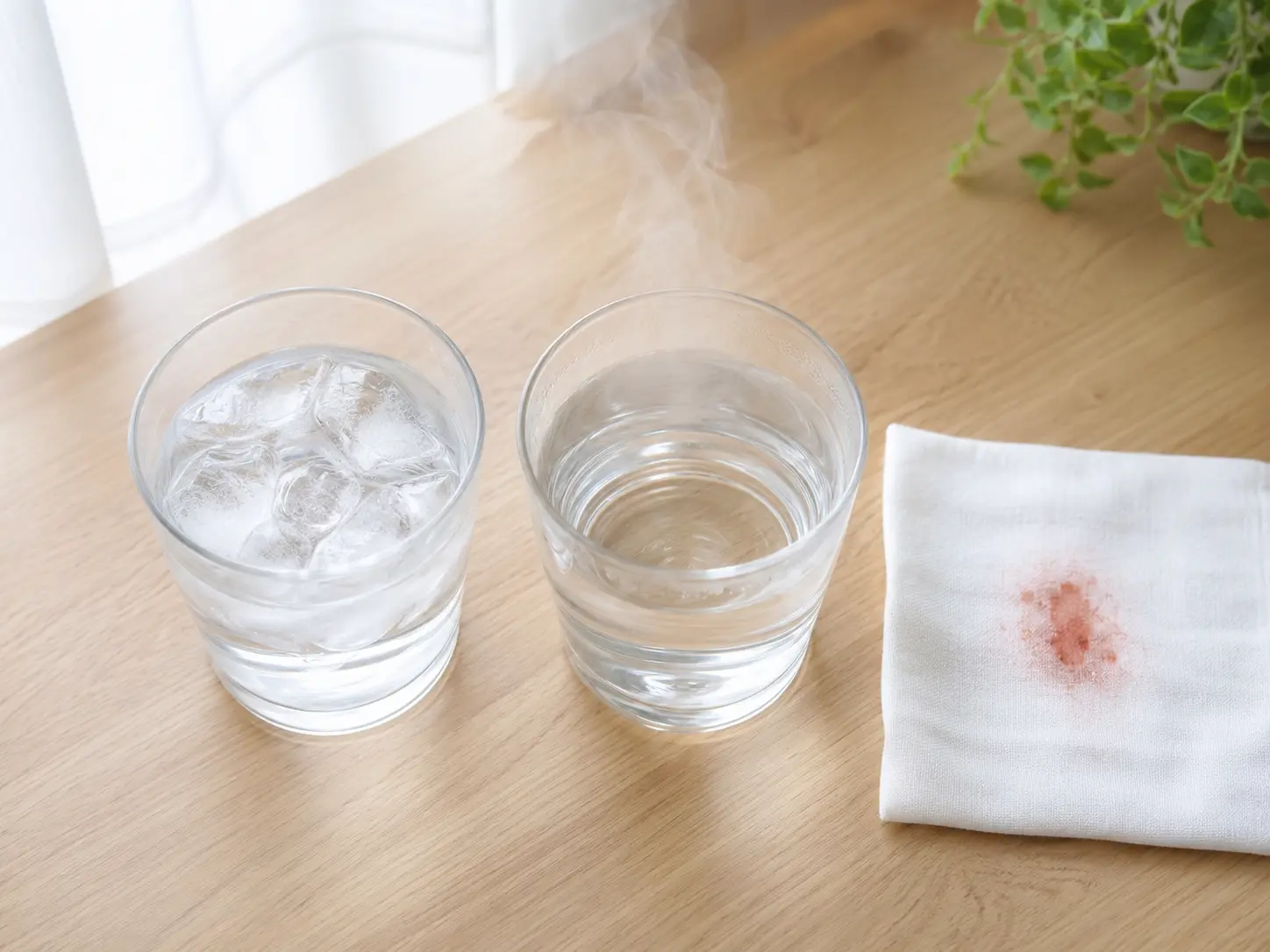 冷たい水と熱いお湯の比較。血液のシミはお湯ではなく水で落とすことを示すイメージ。お湯は血液中のタンパク質を凝固させて繊維に定着させるため、必ず30度以下の水を使う。北九州市小倉南区のファミリークリーニング「諦めないでシリーズ」第10弾の解説画像。