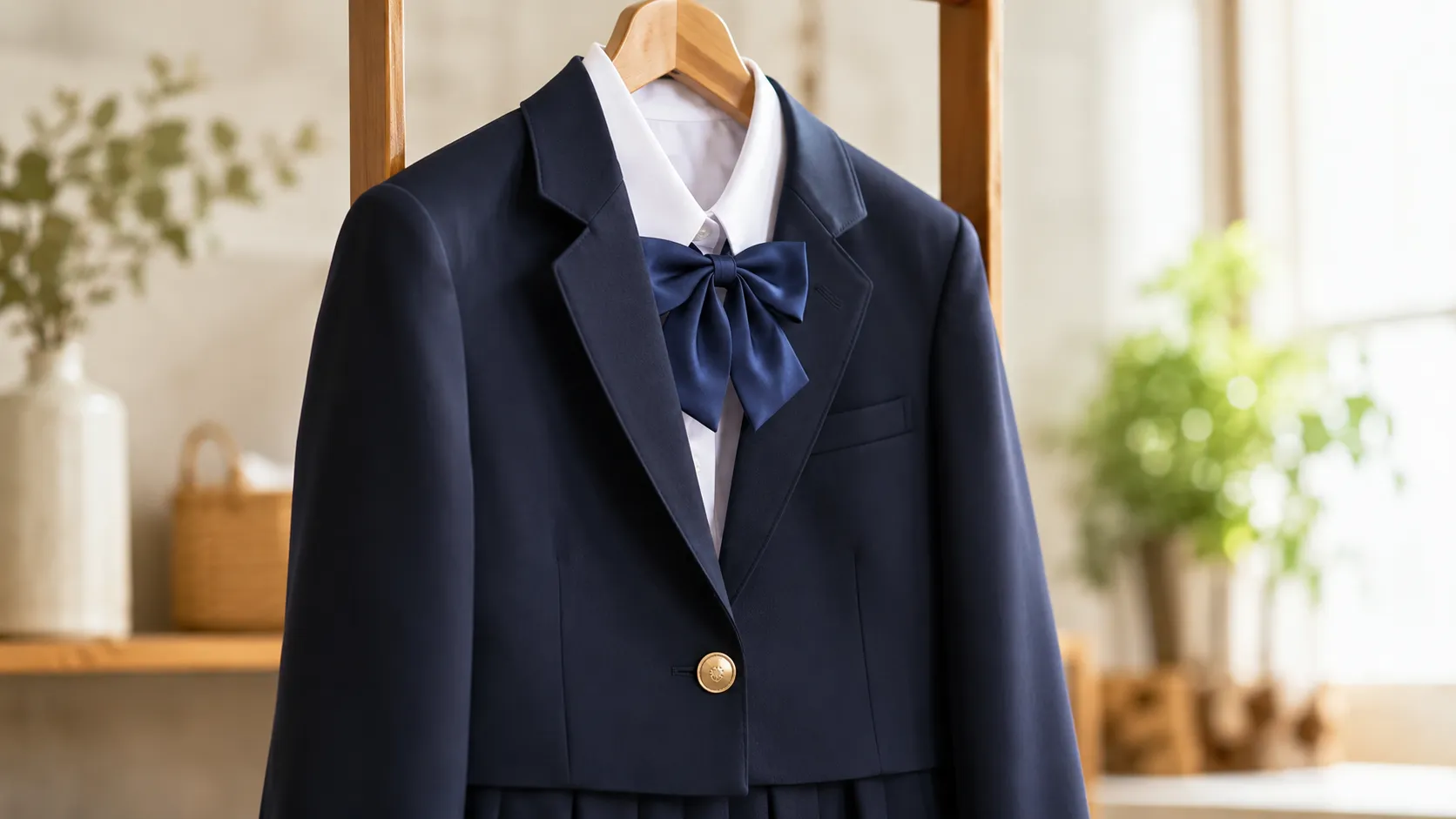 木製ハンガーにかかった、プロの手で清潔にクリーニング・プレスされた紺色の学生服。シャープな折り目、整った襟元、美しい仕上がりが、制服がくれる自信を表現。北九州市小倉南区のファミリークリーニングが丁寧に仕上げた学生服のイメージ。