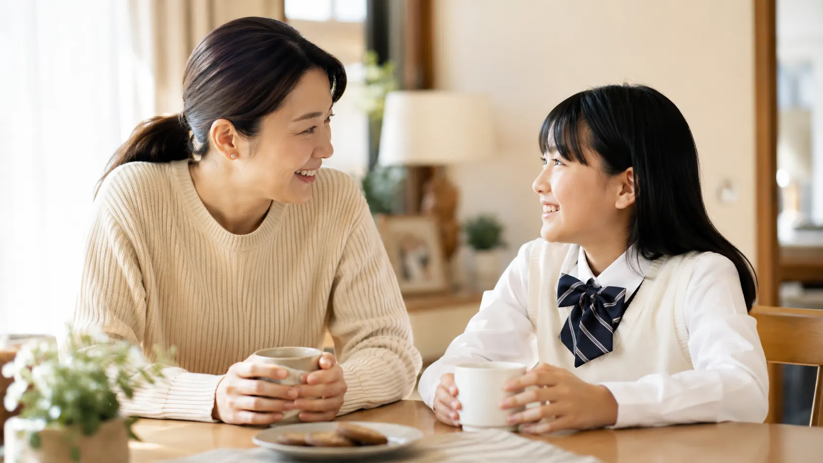 洗濯やシミ抜きの手間から解放され、家族でゆっくり団らんの時間を過ごす親子の様子。クリーニング店がお届けしたいのは、衣類のきれいさだけでなく、家族で過ごす心の余裕というメッセージを表現。北九州市小倉南区のファミリークリーニングの想いを伝えるイメージ。