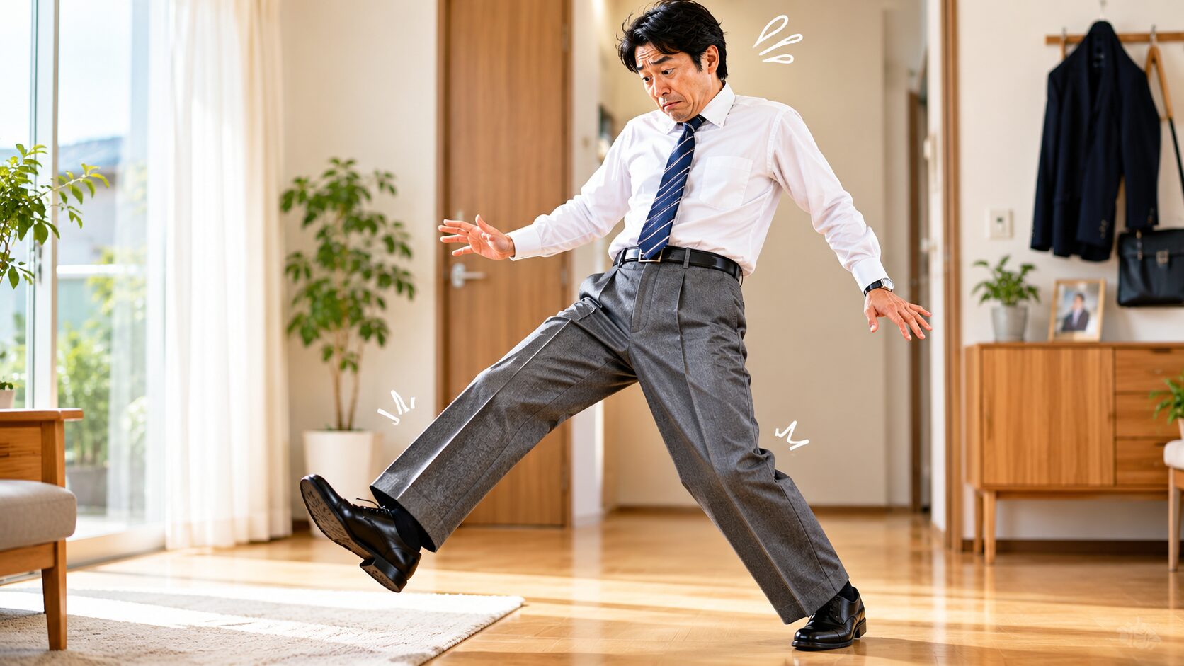 汗や皮脂が蓄積してゴワゴワに固まったスラックスを履き、足が曲げにくくて歩きにくそうにするビジネスマン。汗をかいたまま洗わずにいると、塩分や皮脂が繊維に残ってゴワつき・黄ばみ・臭いの原因になることを、ユーモラスに表現。北九州市小倉南区のファミリークリーニングの解説画像。