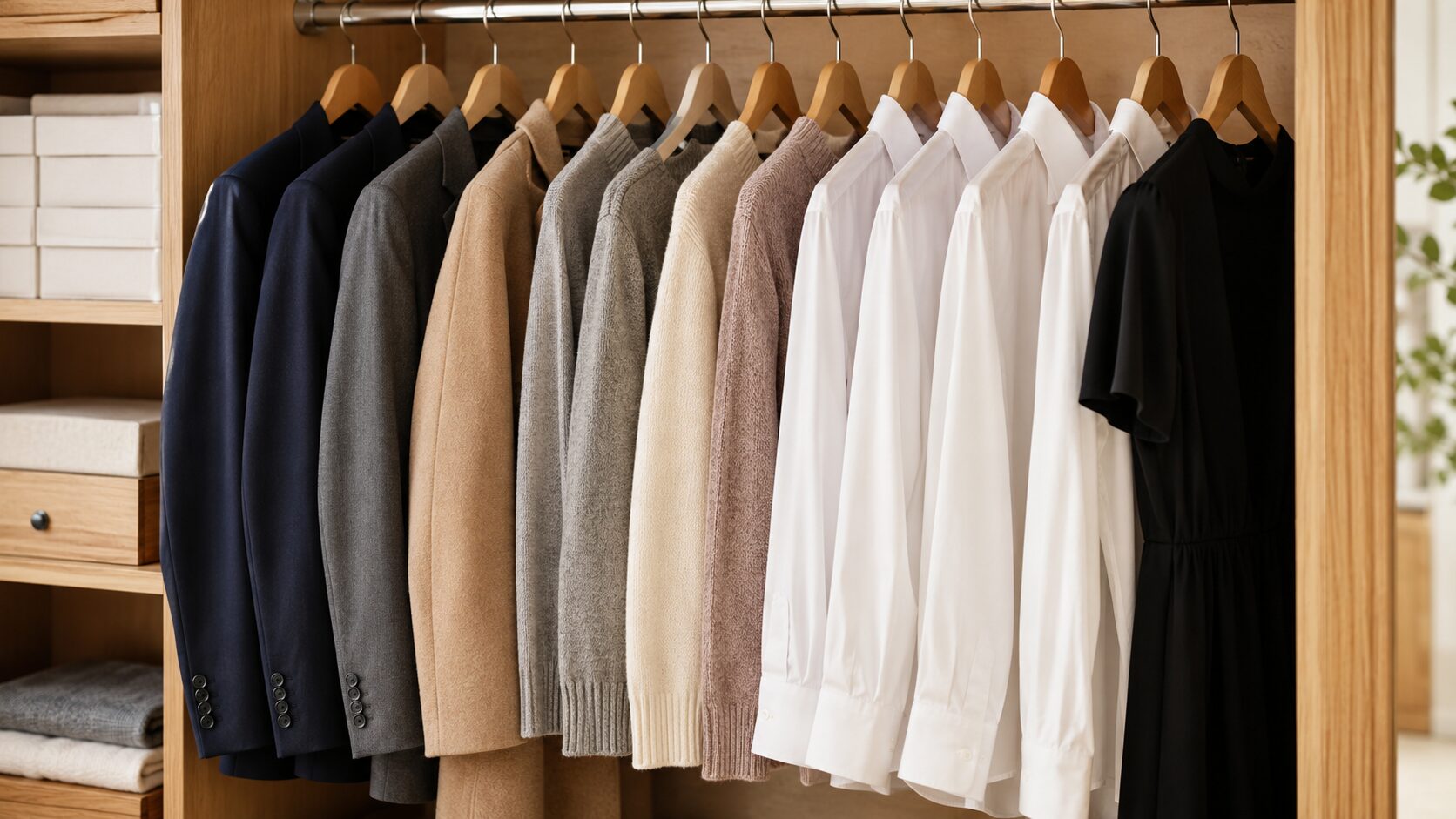 スーツ・ウールコート・ニット・ワイシャツ・礼服など、様々な種類の衣類が木製ハンガーに整然と並んだクローゼットの様子。衣類によってクリーニングに出す適切な頻度が異なることを視覚化。北九州市小倉南区のファミリークリーニングが解説する衣類別クリーニング頻度ガイドの解説画像。