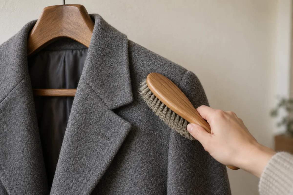 ハンガーに掛けたグレーのウールコートを、天然毛の洋服ブラシで上から下へブラッシングしている様子