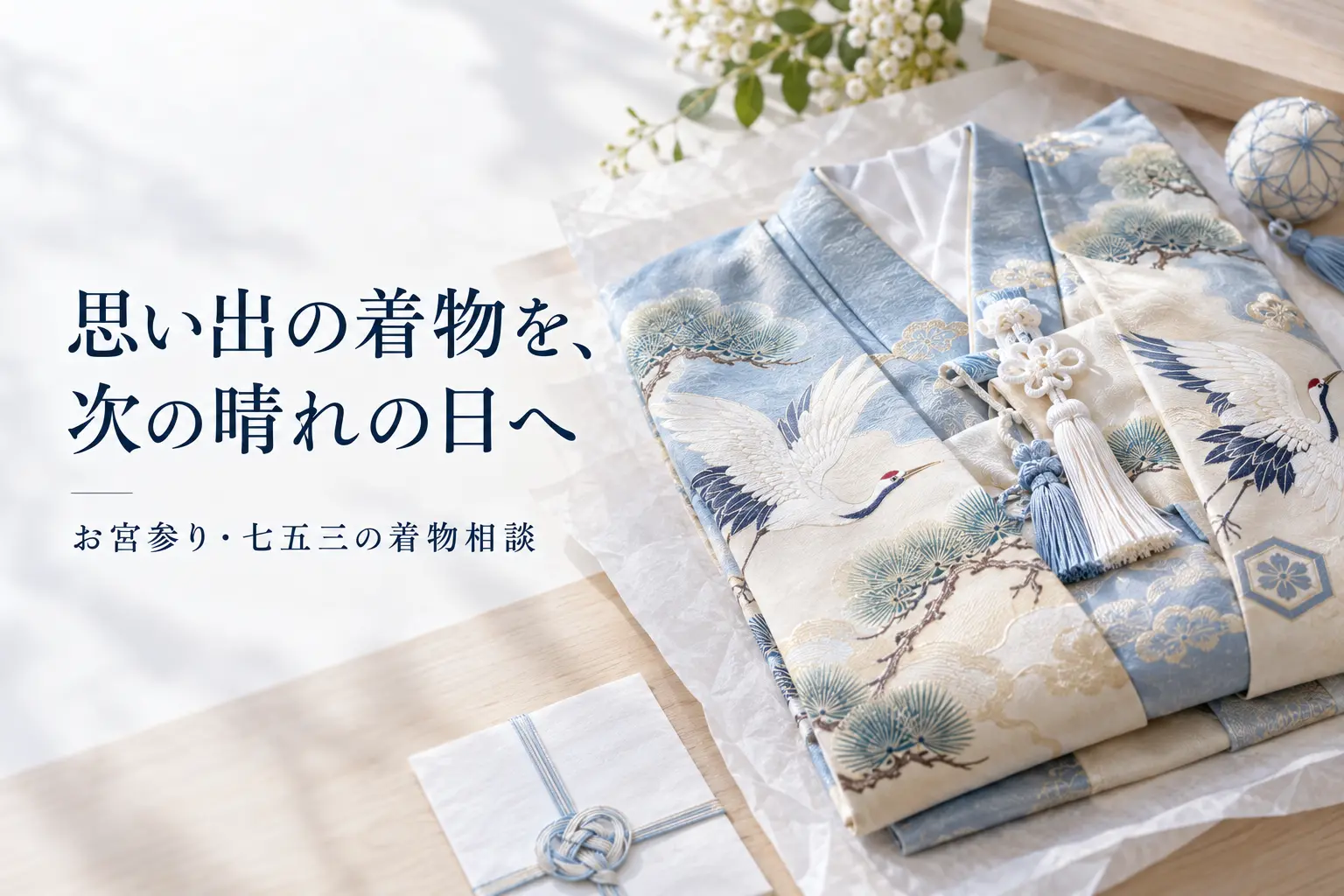淡い青の着物と「思い出の着物を、次の晴れの日へ」の文字。AI生成イメージ