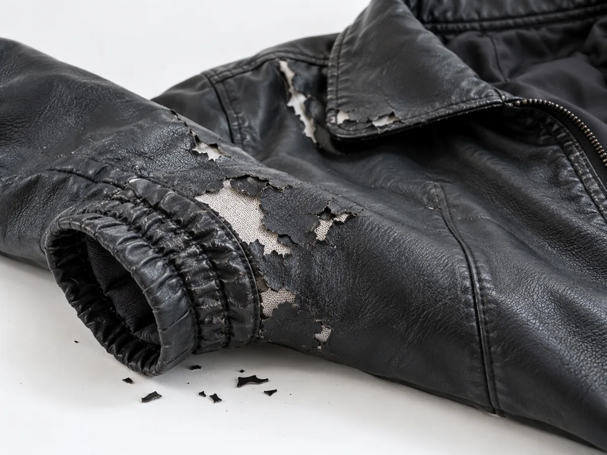 黒い合成皮革のジャケットの袖口。表面がポロポロはがれて下の布地が見えているイメージ(AIで作成)