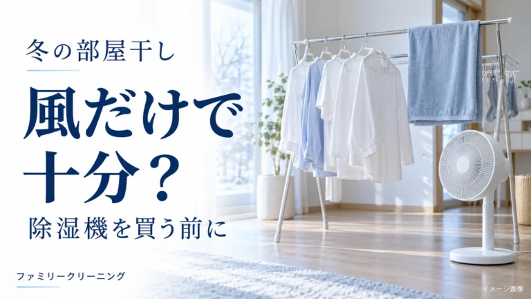 青と白の室内干しを背景に、冬の部屋干しは風だけで十分か、除湿機を買う前の確認を案内する画像