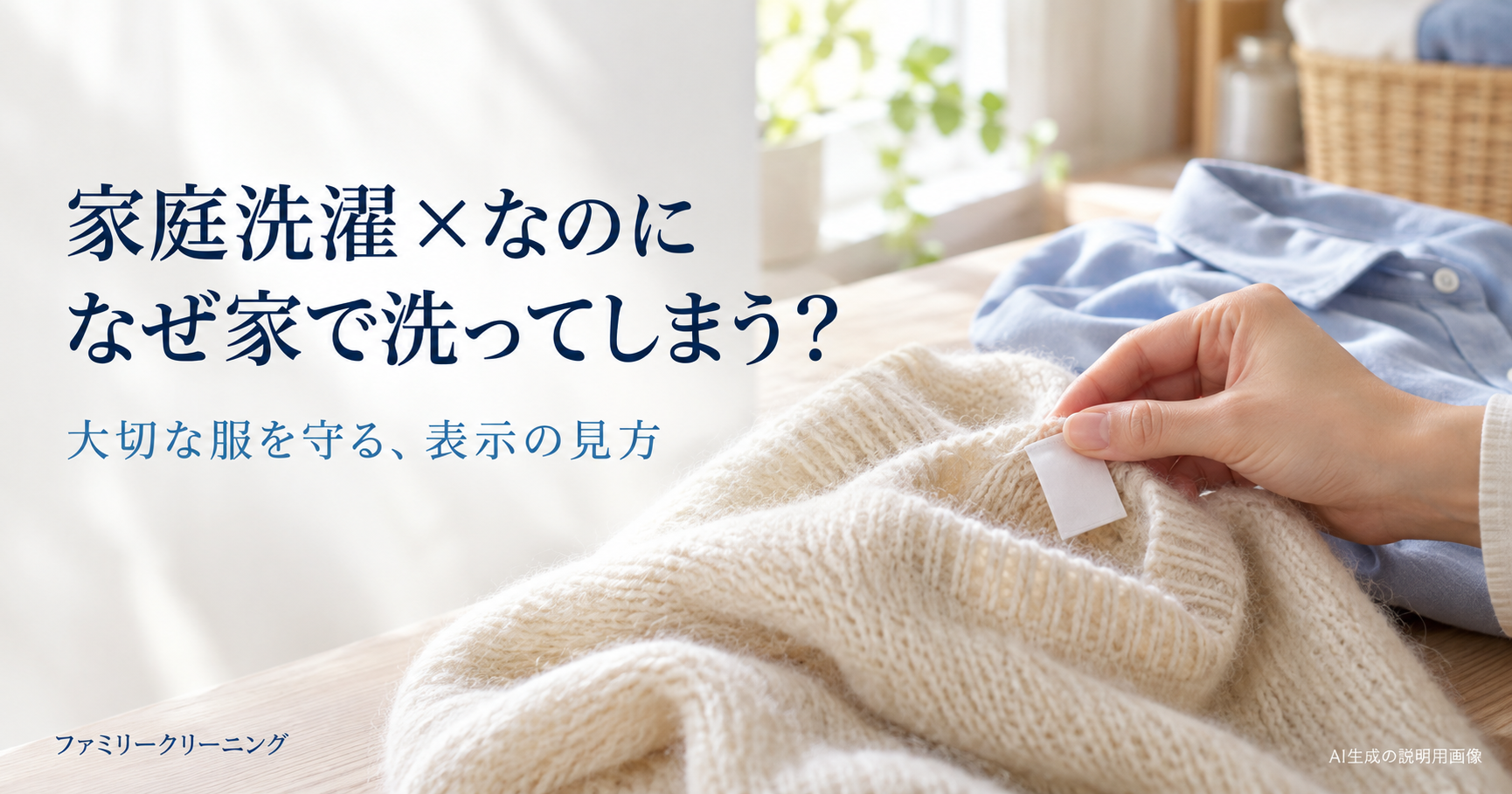 白いニットの洗濯タグを手で確かめる、家庭洗濯禁止の服のお手入れを考える説明用画像
