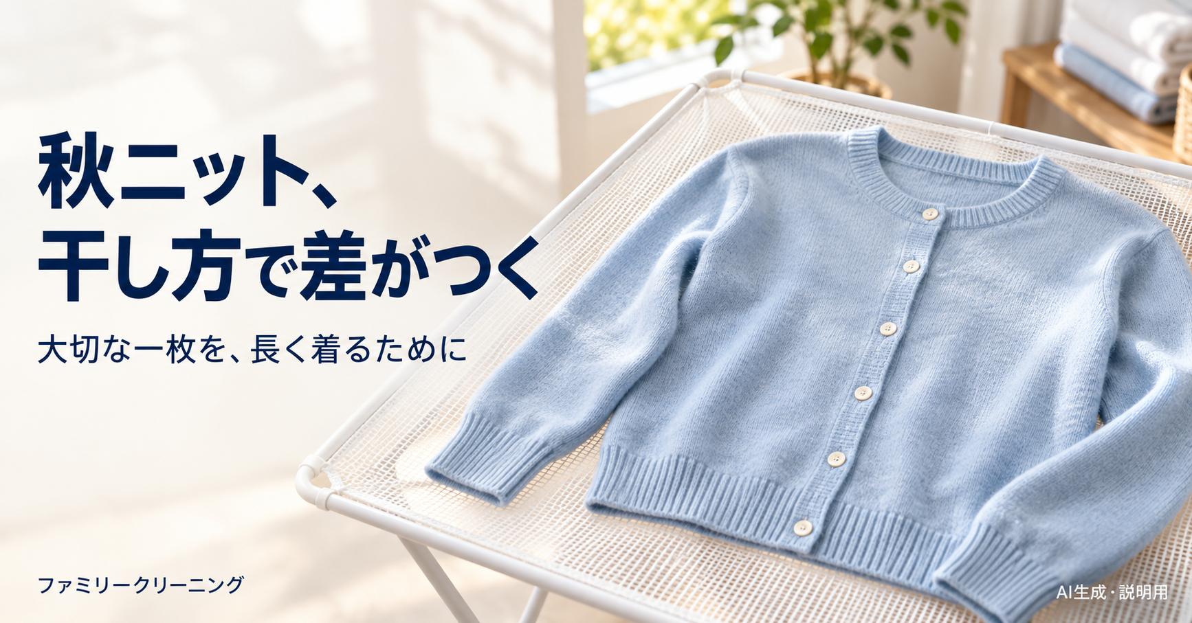 淡い青のカーディガンを平干しネットに広げ、裾を整える手元。秋ニットの干し方を説明する